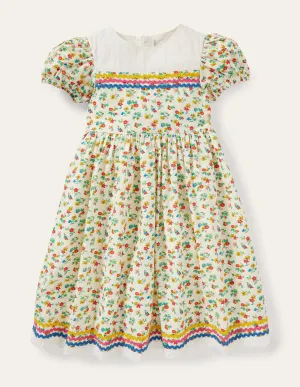 Rickrack Woven Dress-Ivory Floral
