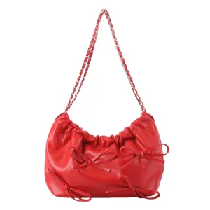 Round Mini Bows Scrunch Shoulder Bag w Chain Handle