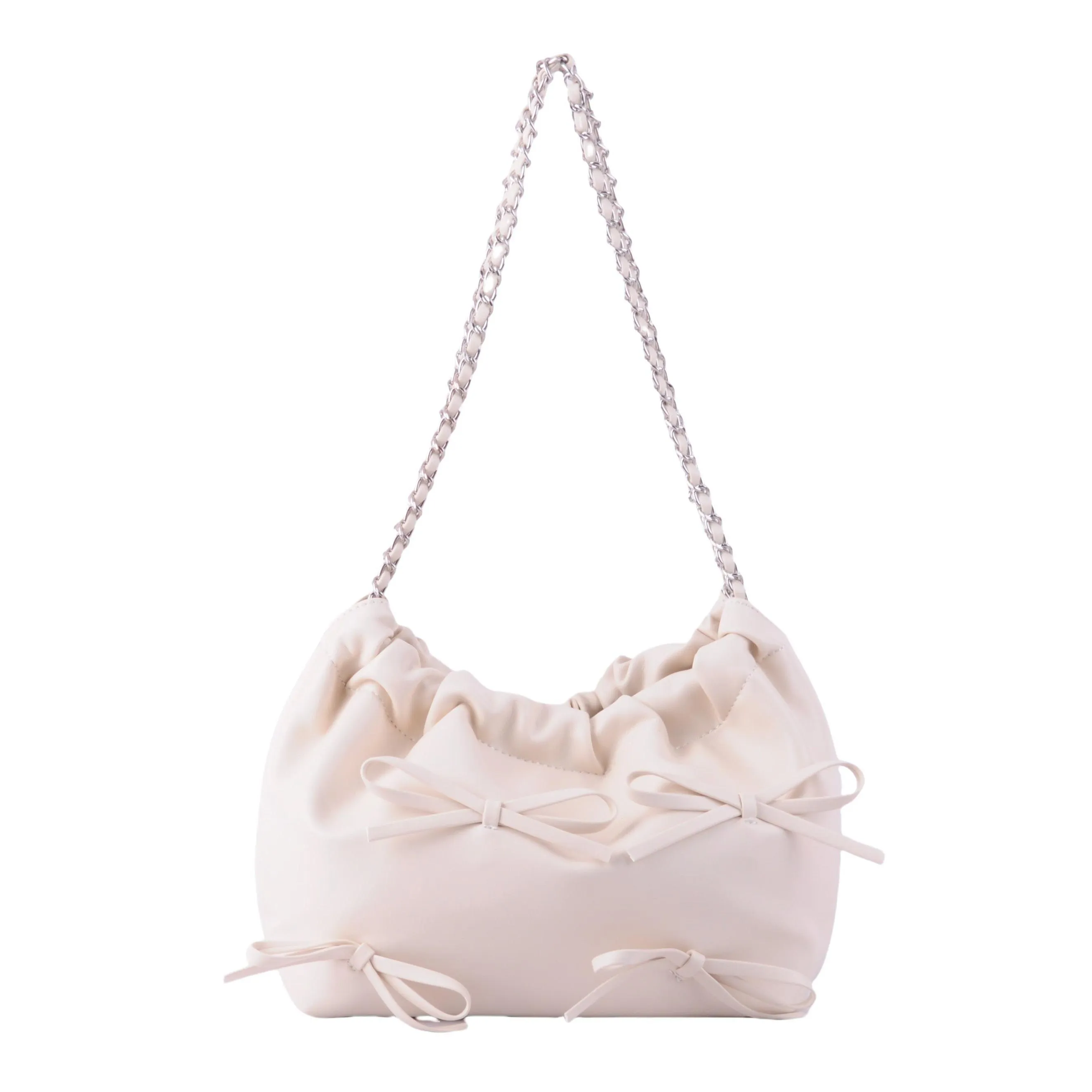 Round Mini Bows Scrunch Shoulder Bag w Chain Handle