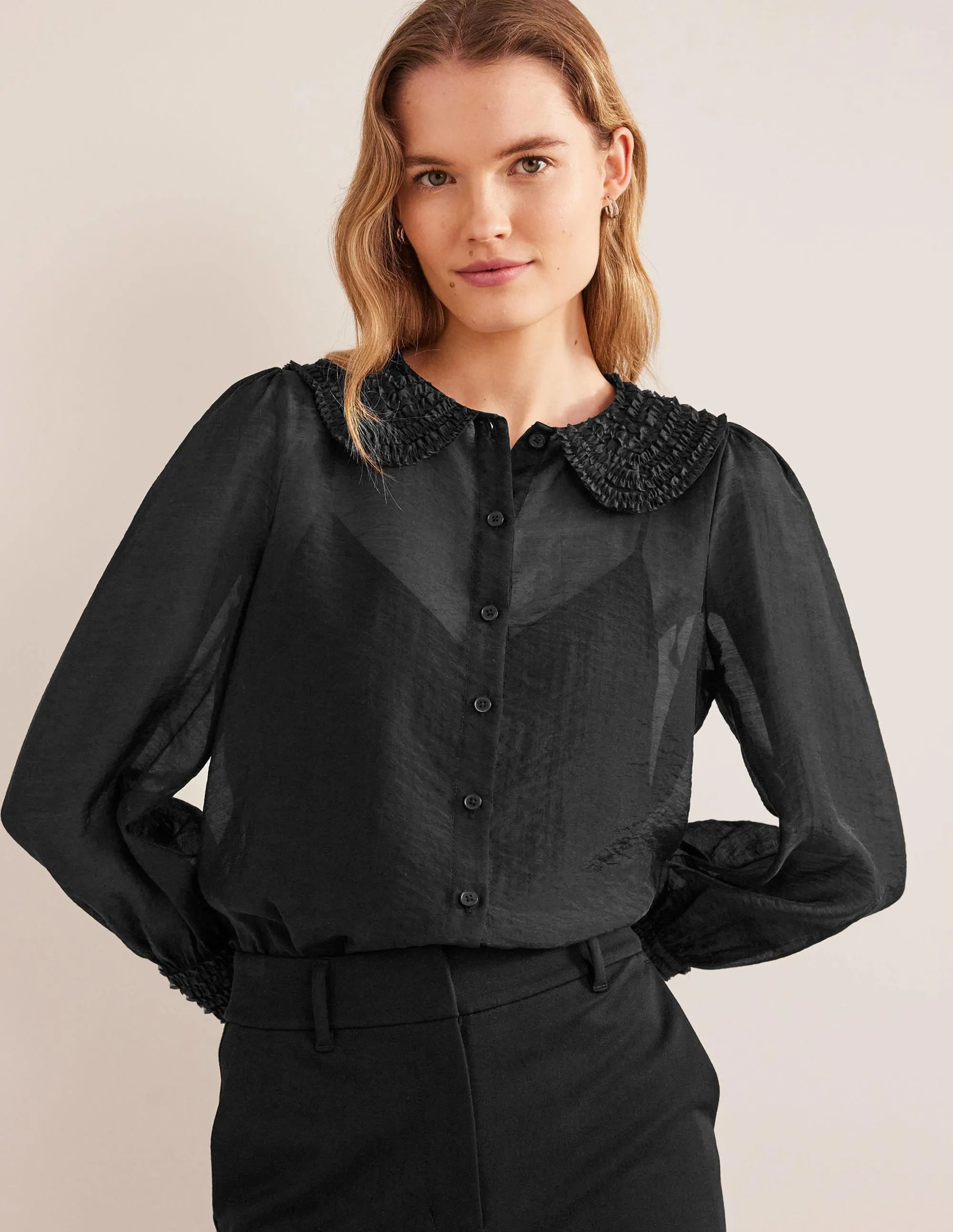 Ruffle Detail Organza Shirt-Black