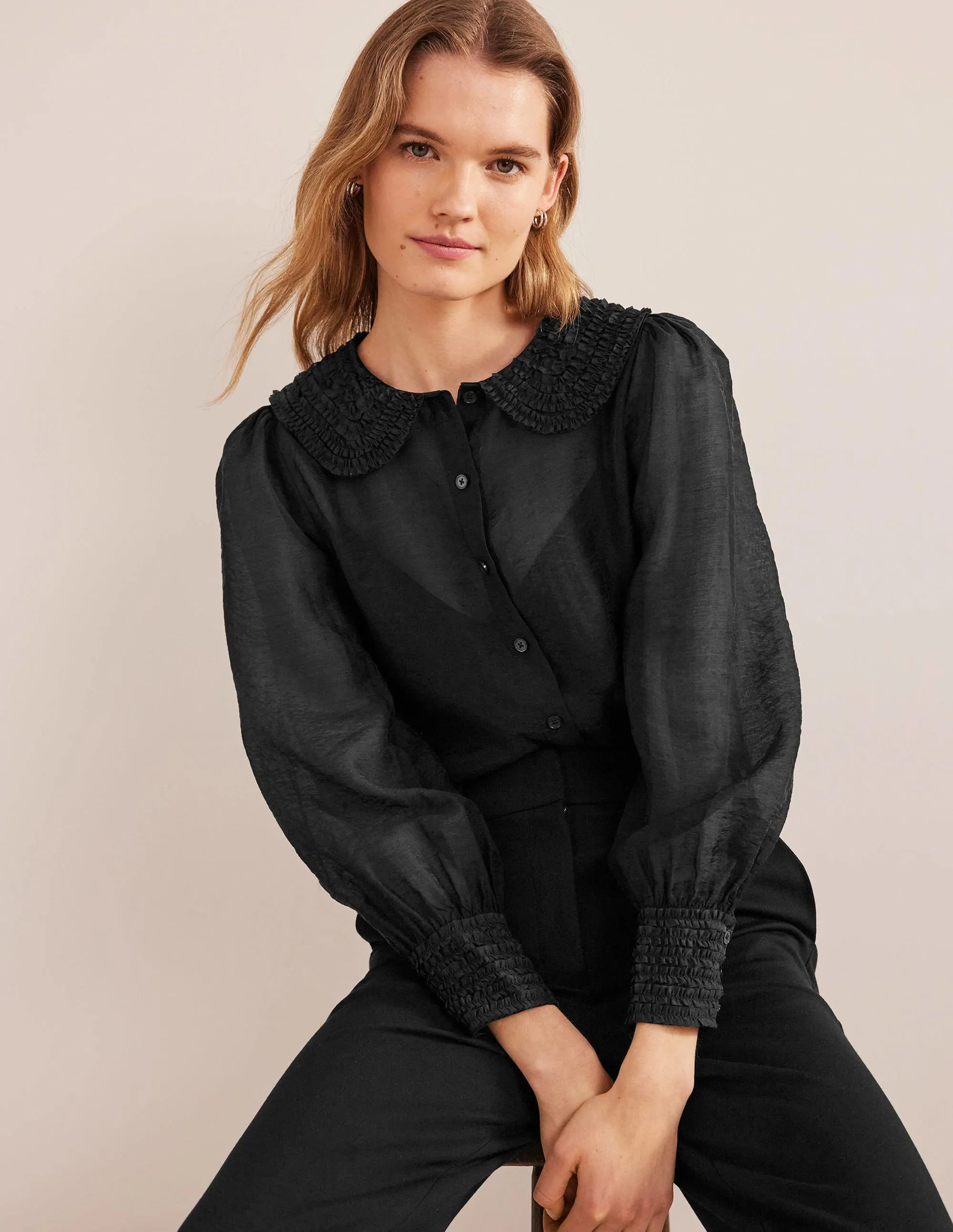 Ruffle Detail Organza Shirt-Black