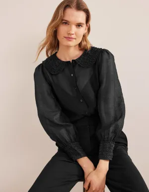 Ruffle Detail Organza Shirt-Black