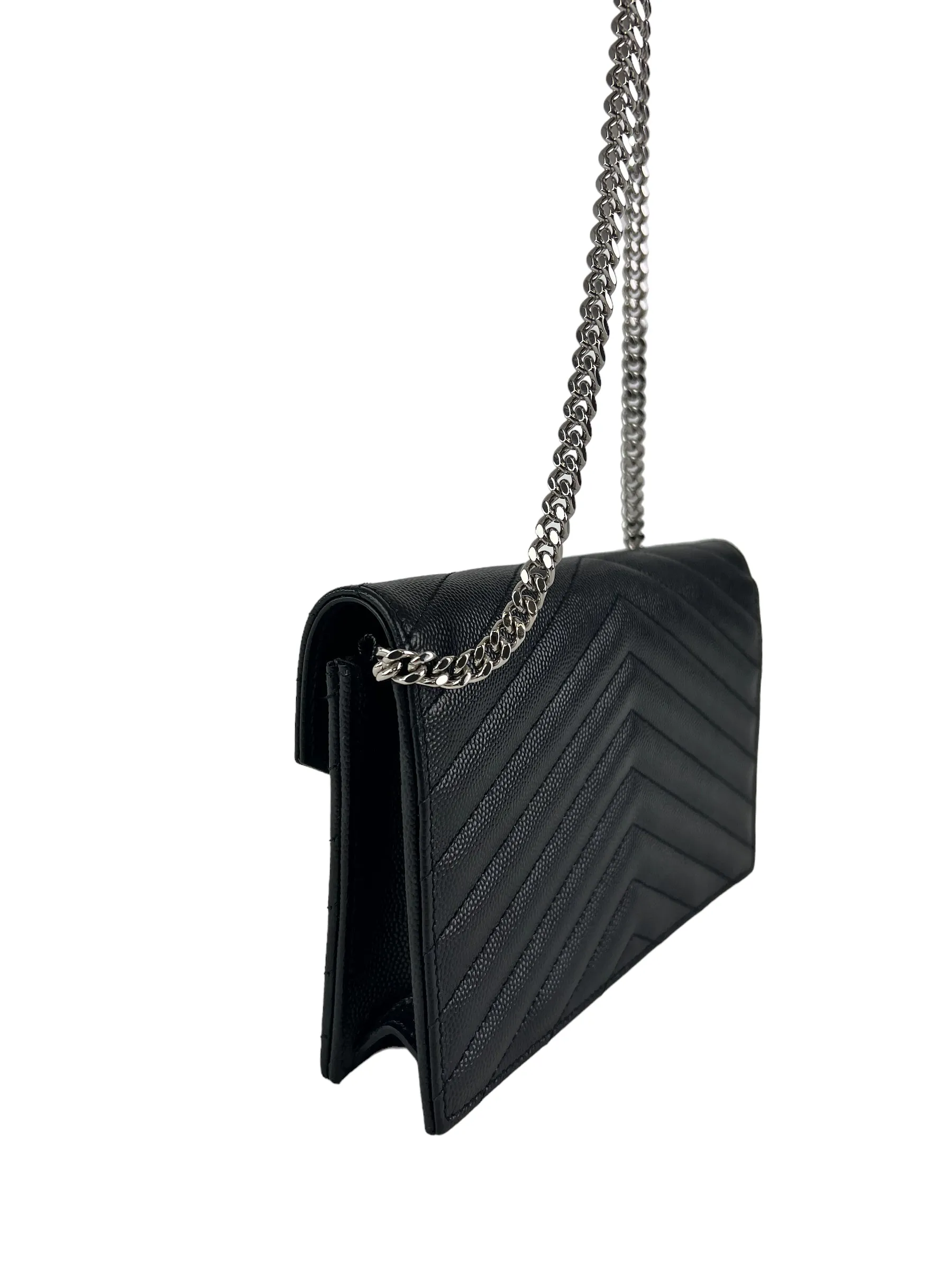 Saint Laurent Black Cassandre Envelope Chevron Leather WOC
