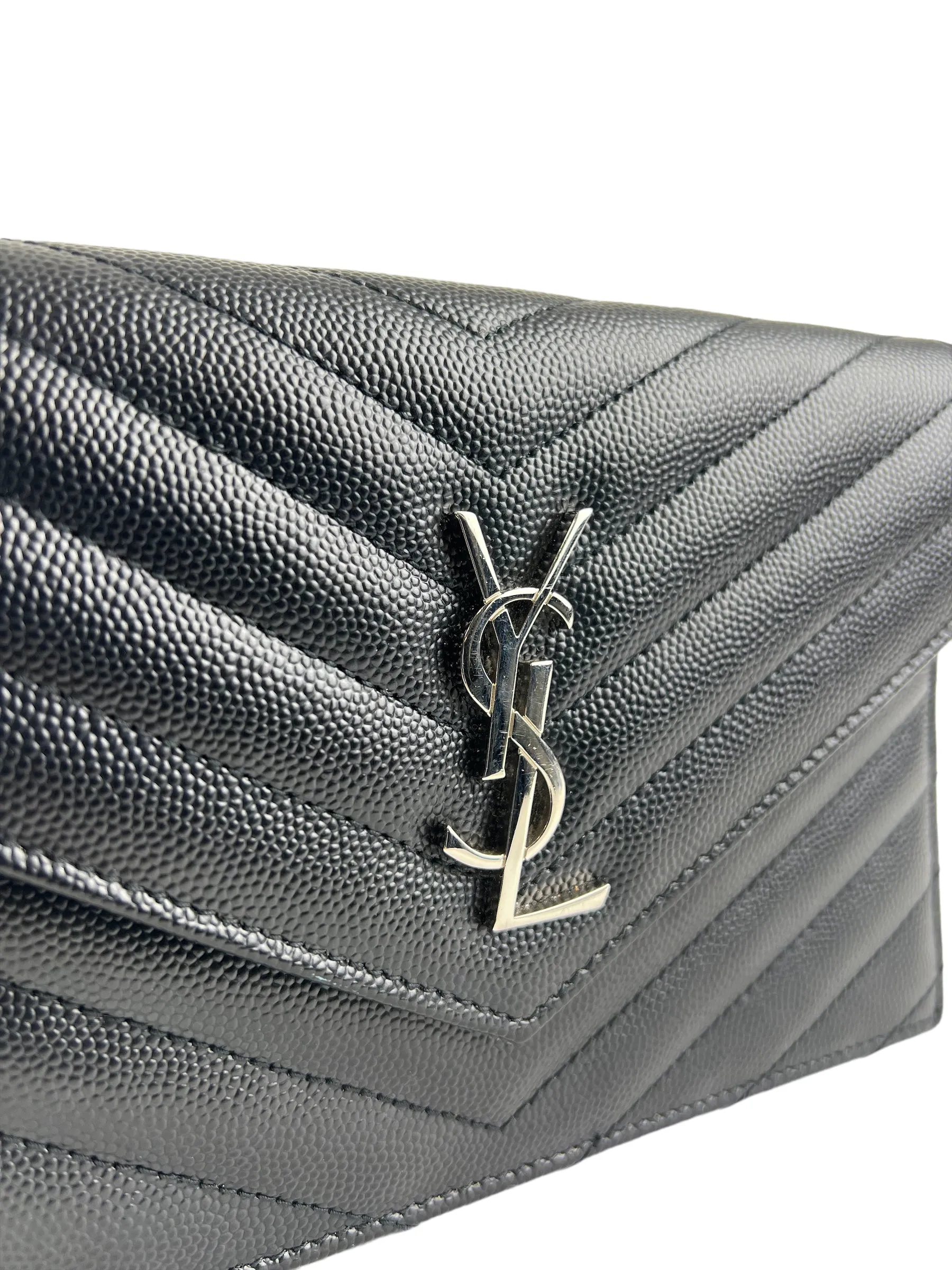 Saint Laurent Black Cassandre Envelope Chevron Leather WOC