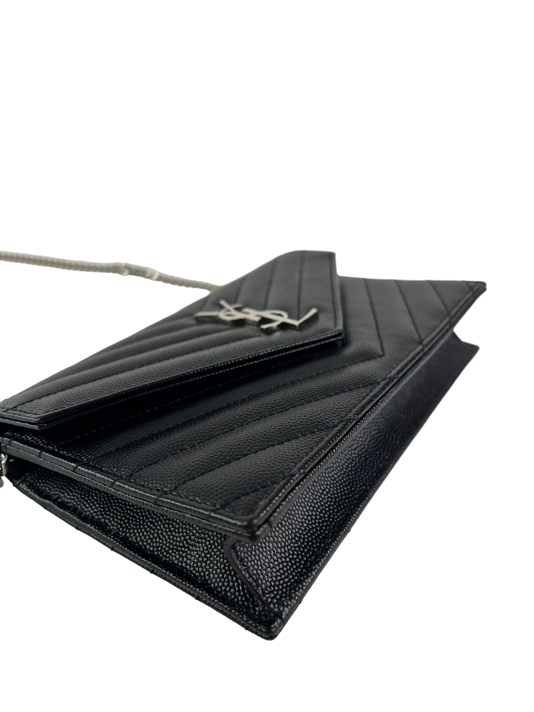 Saint Laurent Black Cassandre Envelope Chevron Leather WOC