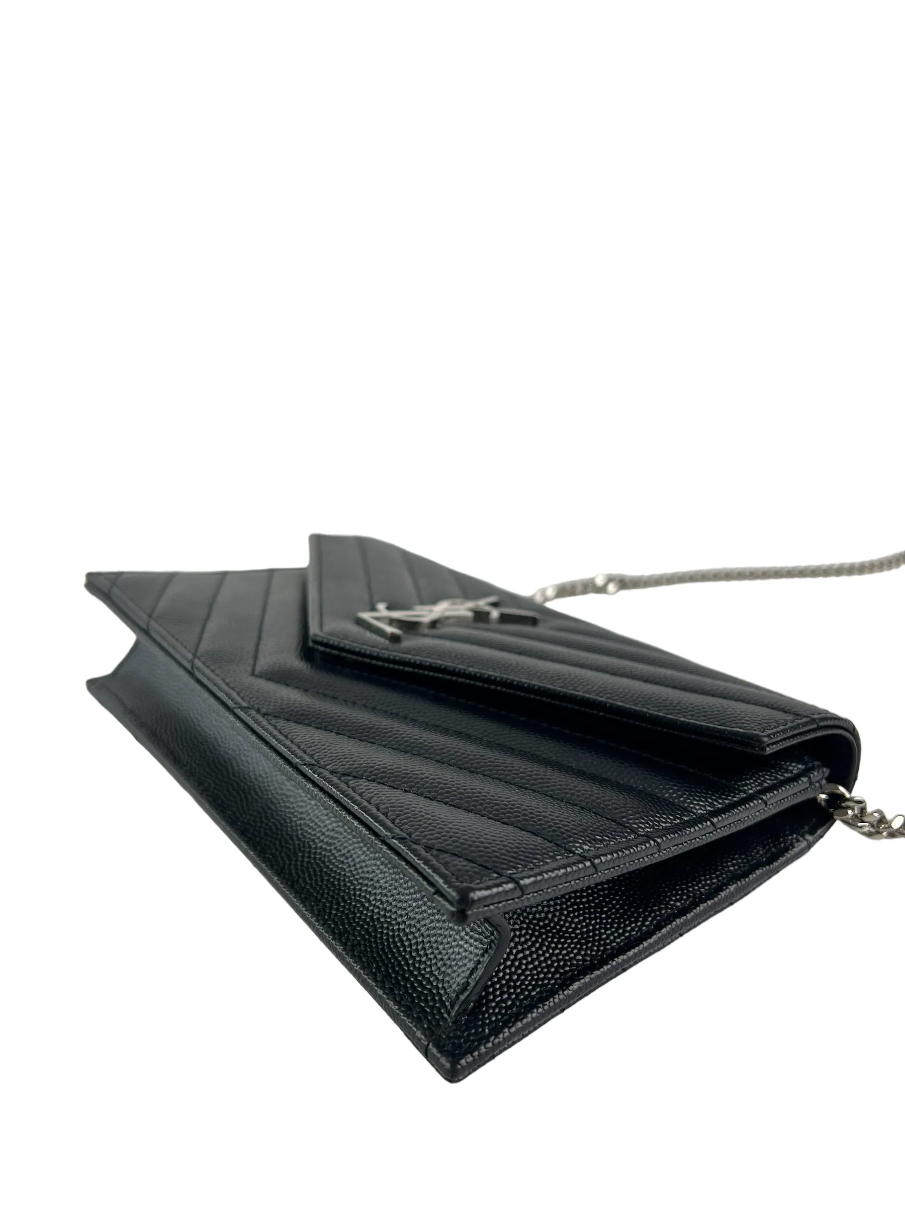 Saint Laurent Black Cassandre Envelope Chevron Leather WOC