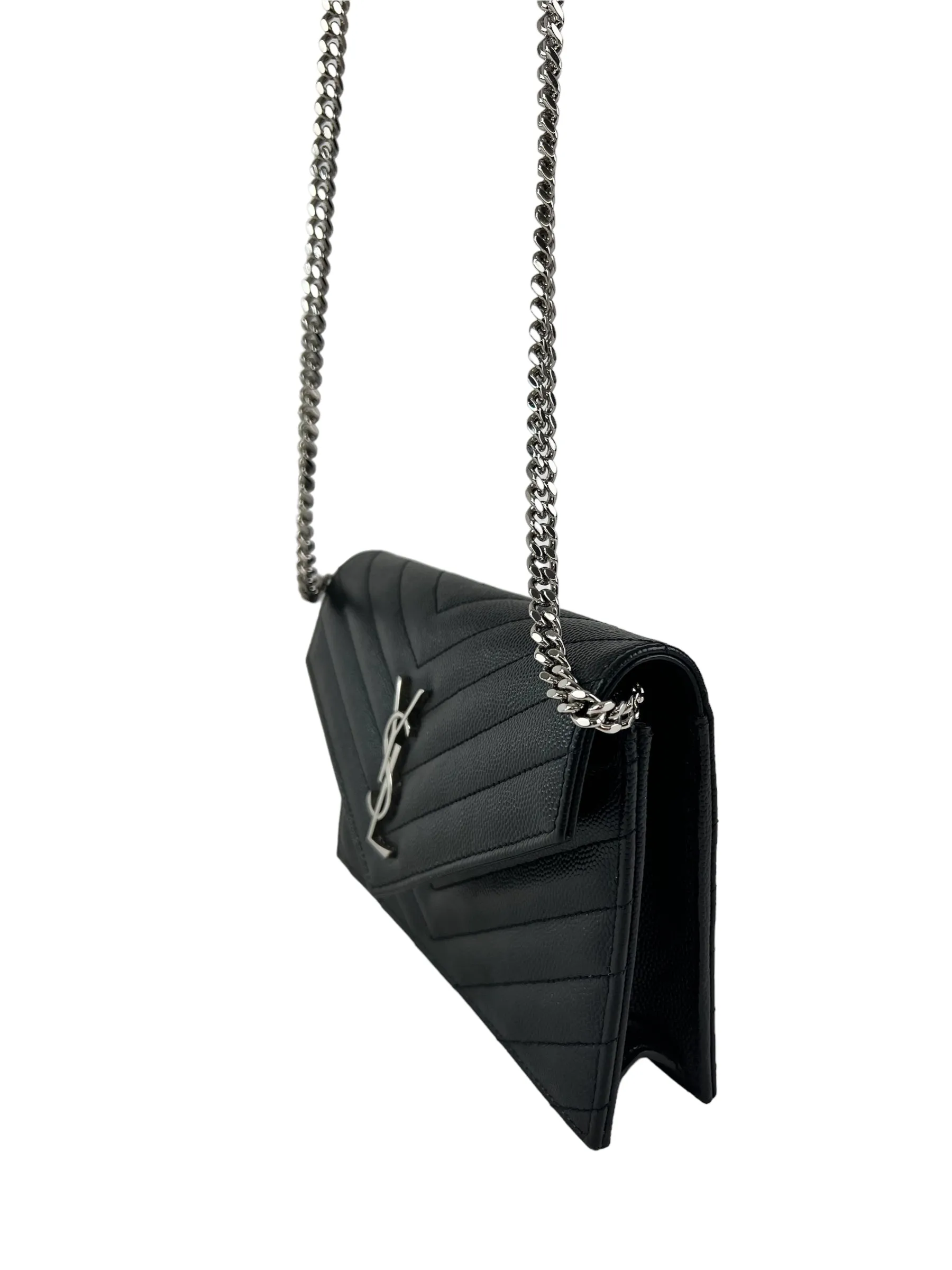 Saint Laurent Black Cassandre Envelope Chevron Leather WOC