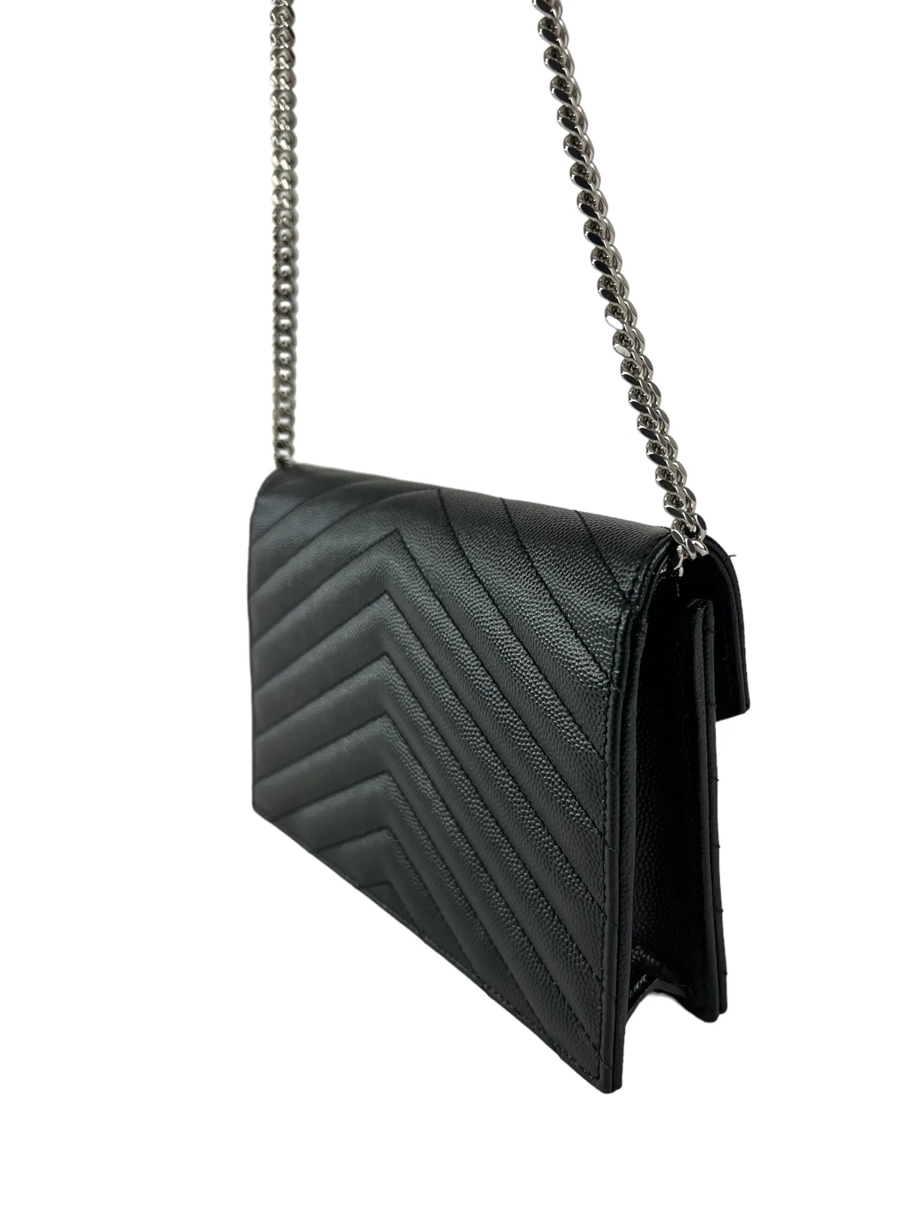 Saint Laurent Black Cassandre Envelope Chevron Leather WOC