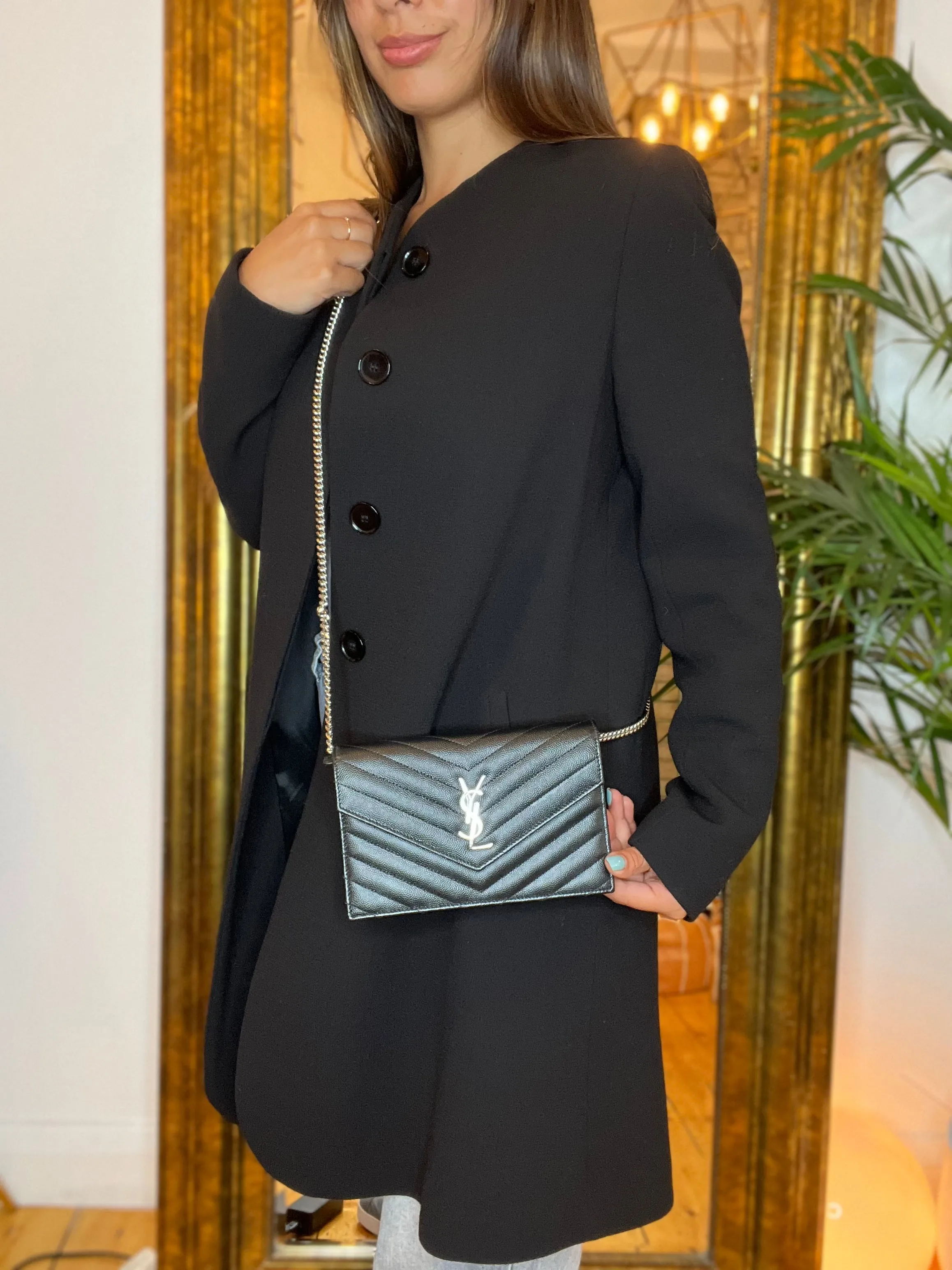 Saint Laurent Black Cassandre Envelope Chevron Leather WOC