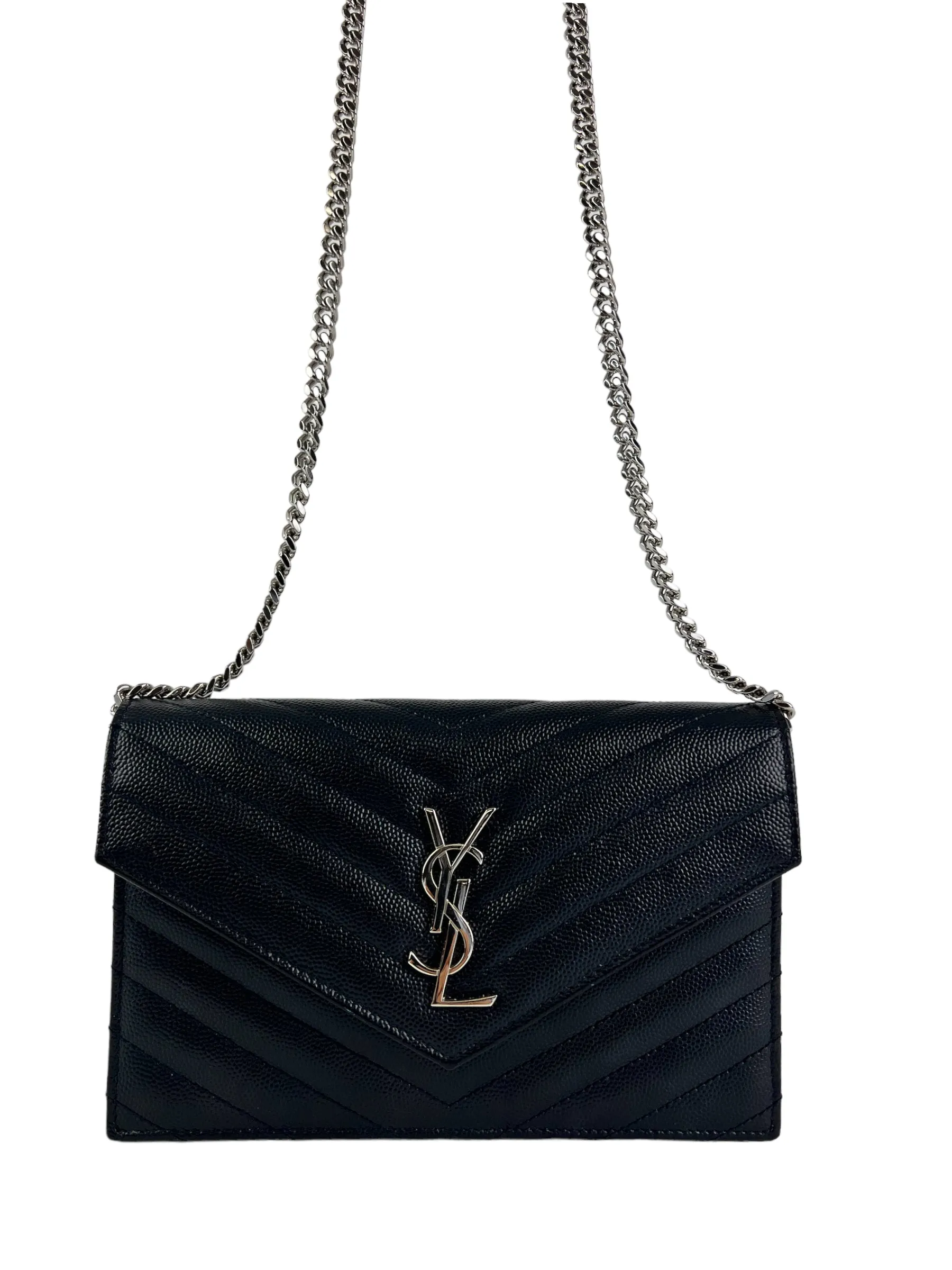 Saint Laurent Black Cassandre Envelope Chevron Leather WOC