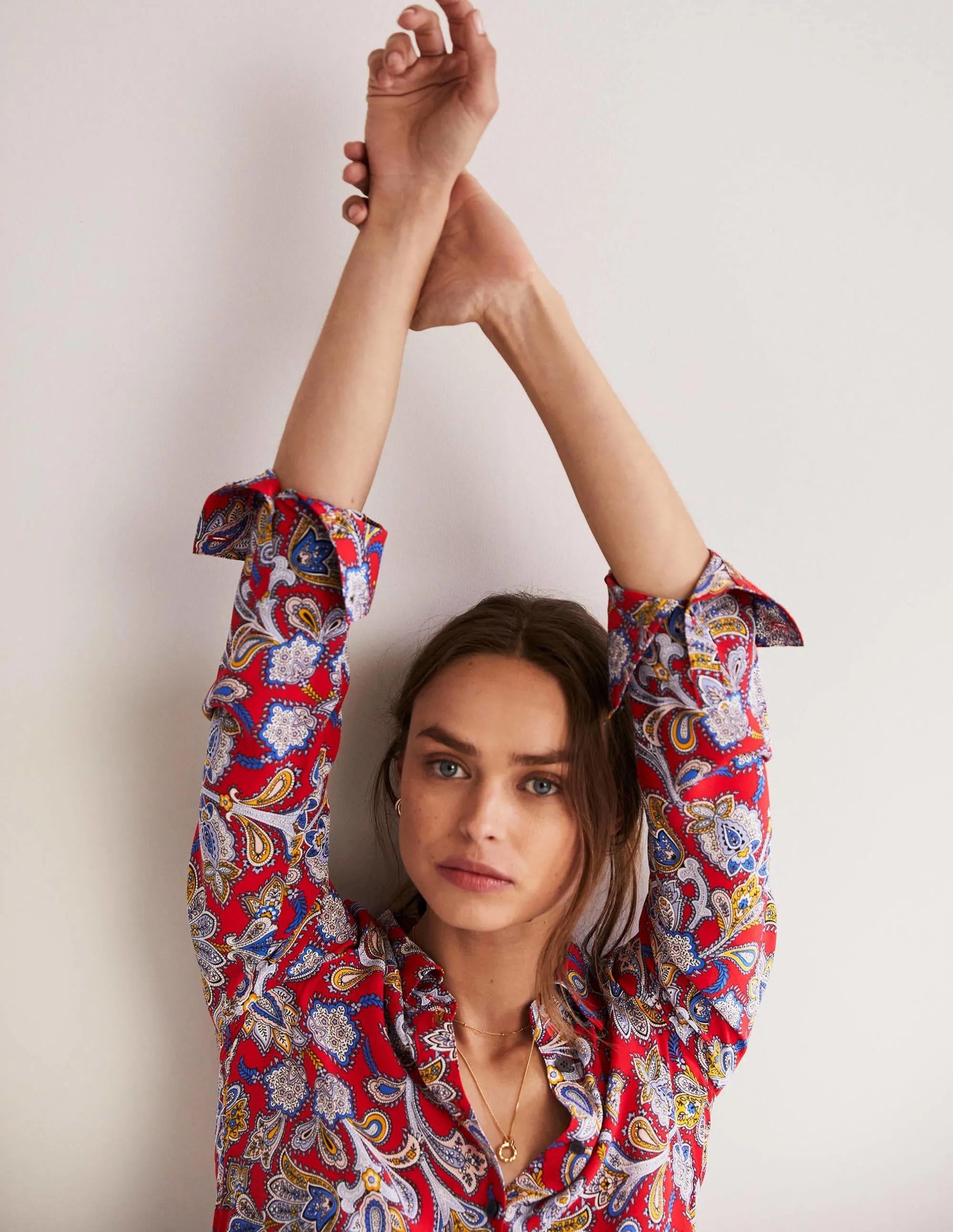 Silk Shirt-Aurora Red. Paisley Bud
