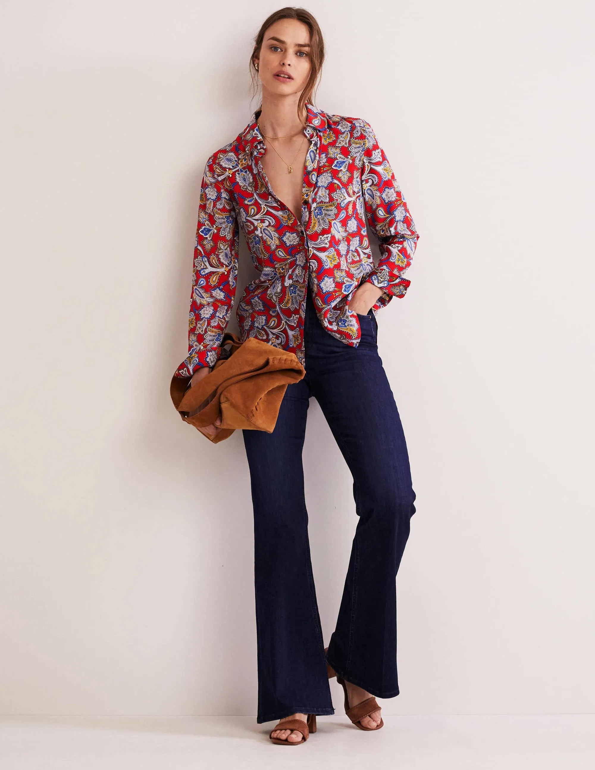 Silk Shirt-Aurora Red. Paisley Bud