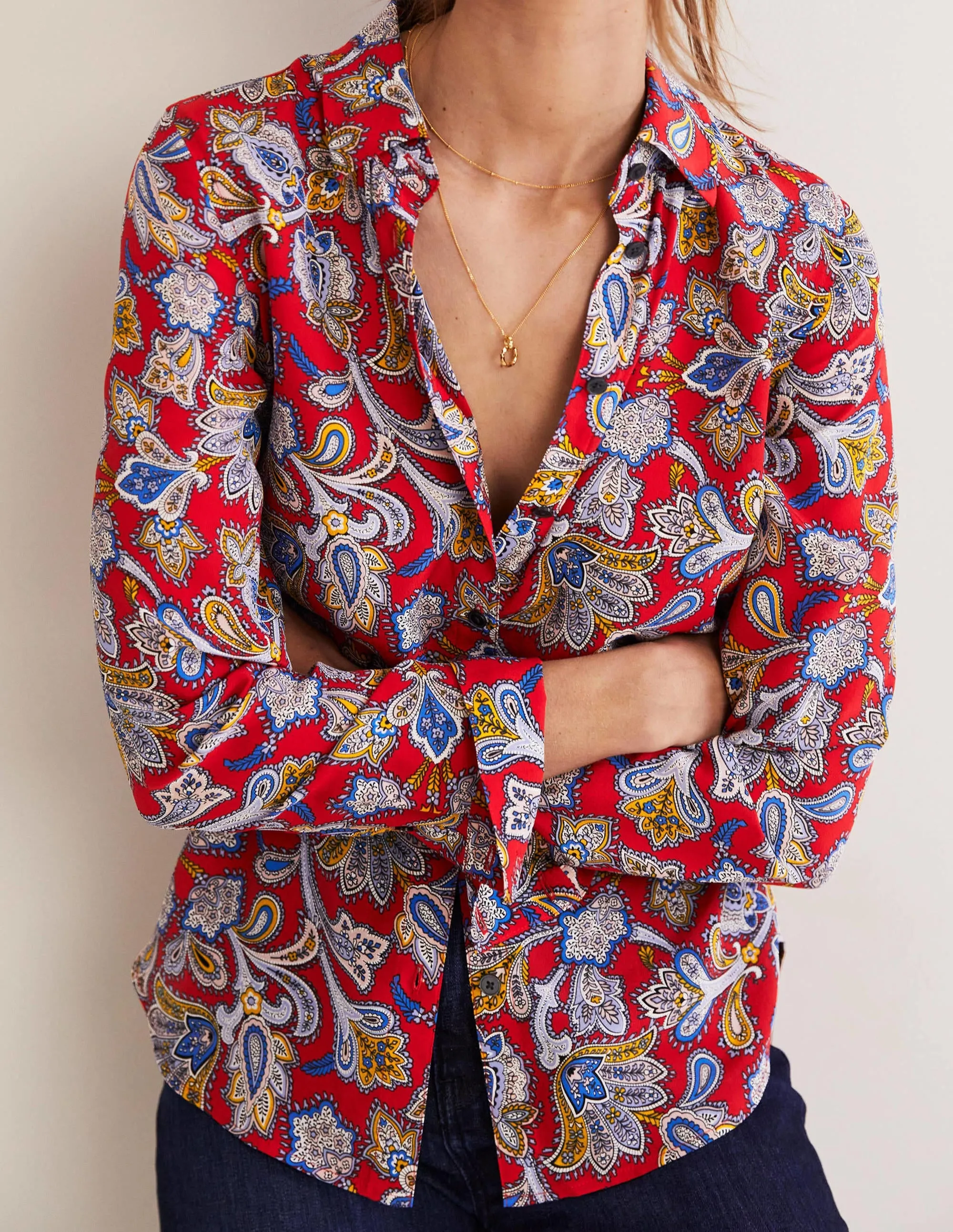 Silk Shirt-Aurora Red. Paisley Bud