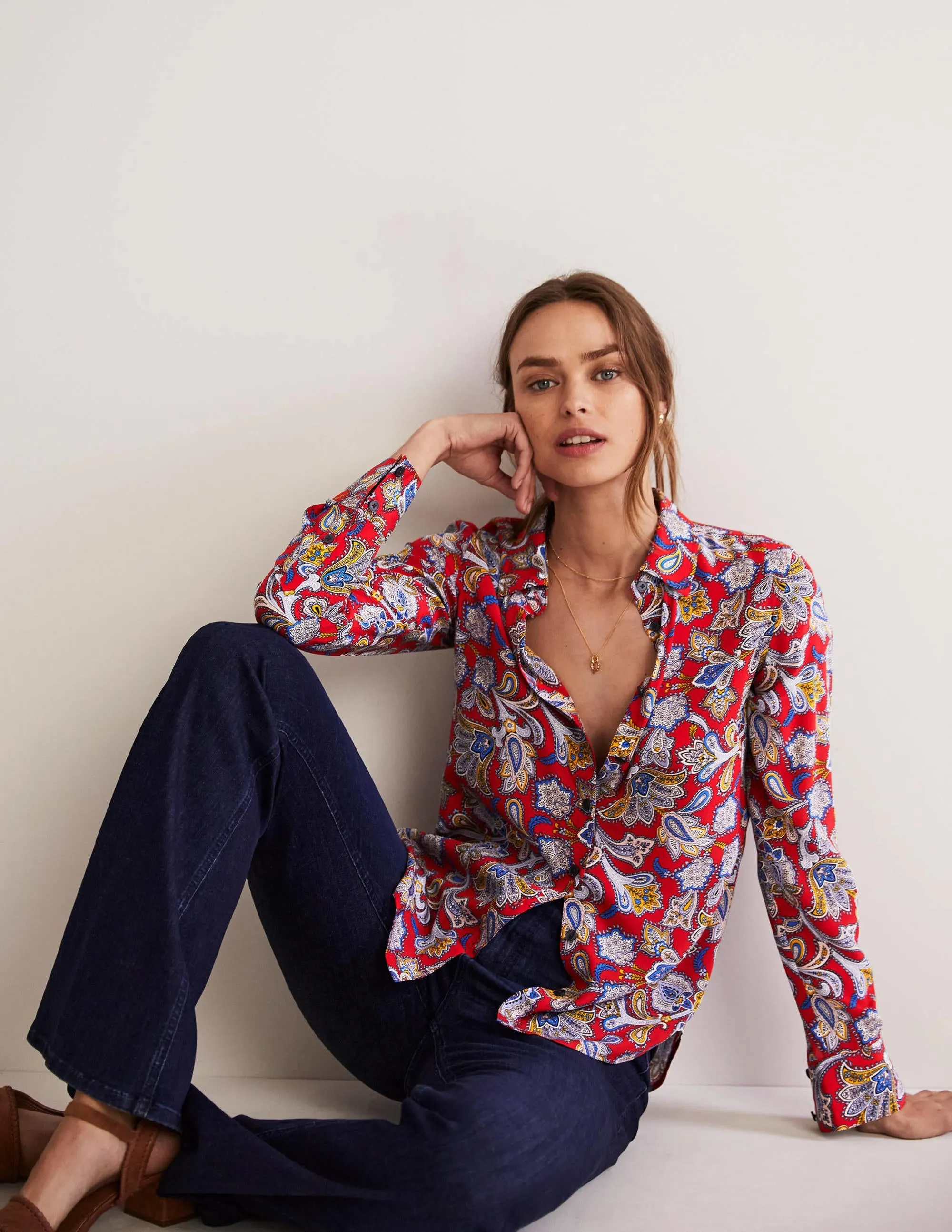 Silk Shirt-Aurora Red. Paisley Bud