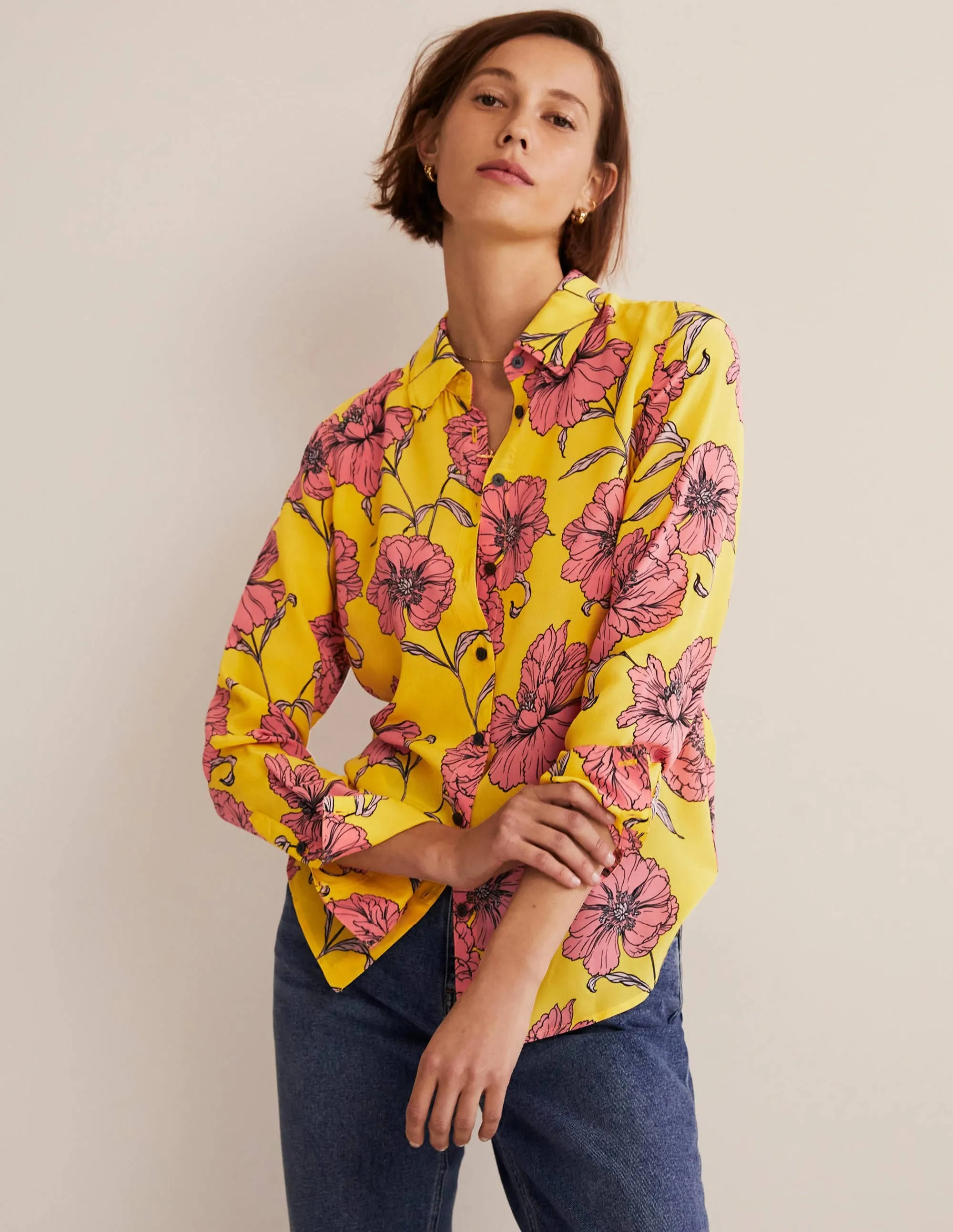 Silk Shirt-Lemon Fizz. Peony Bloom
