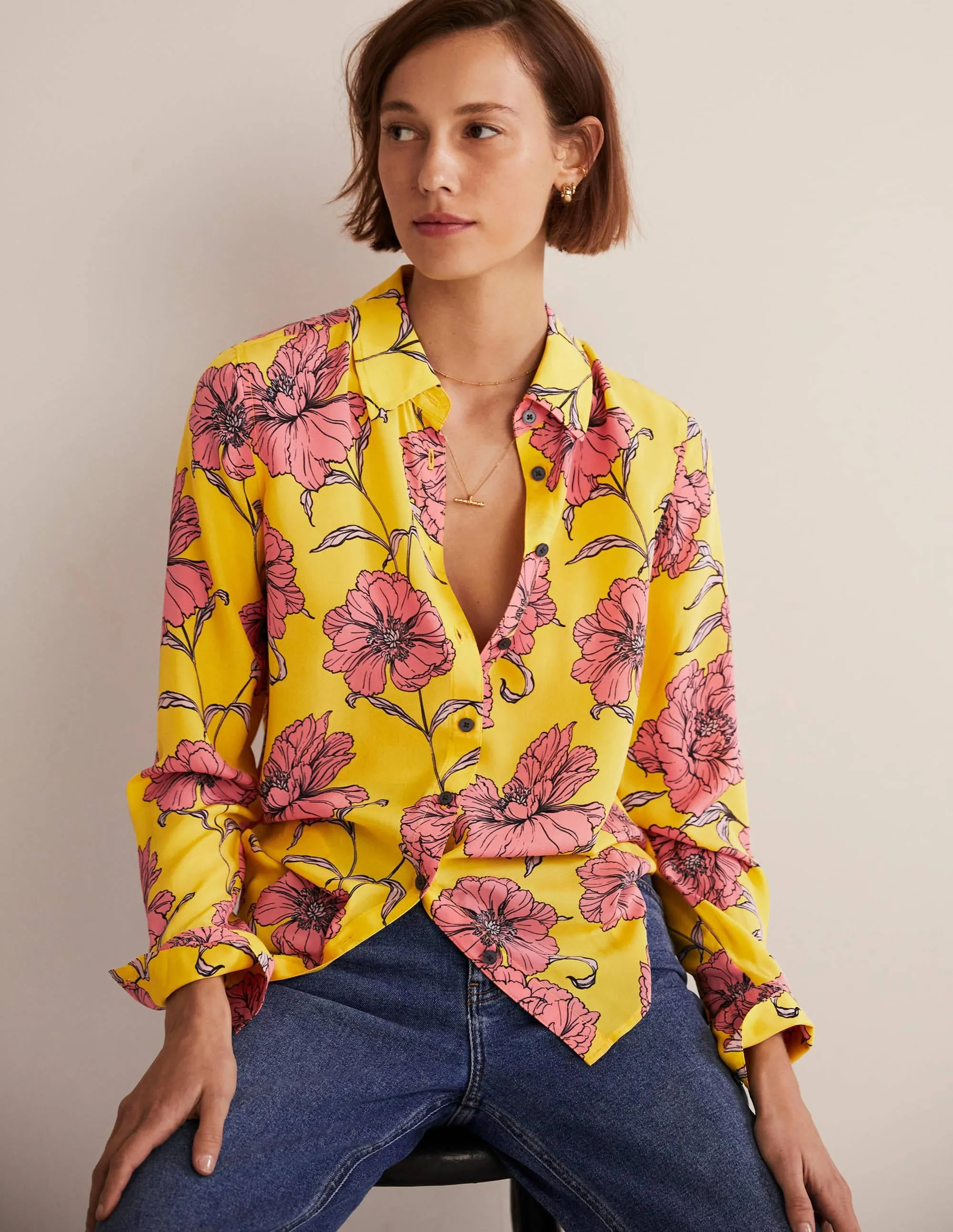 Silk Shirt-Lemon Fizz. Peony Bloom