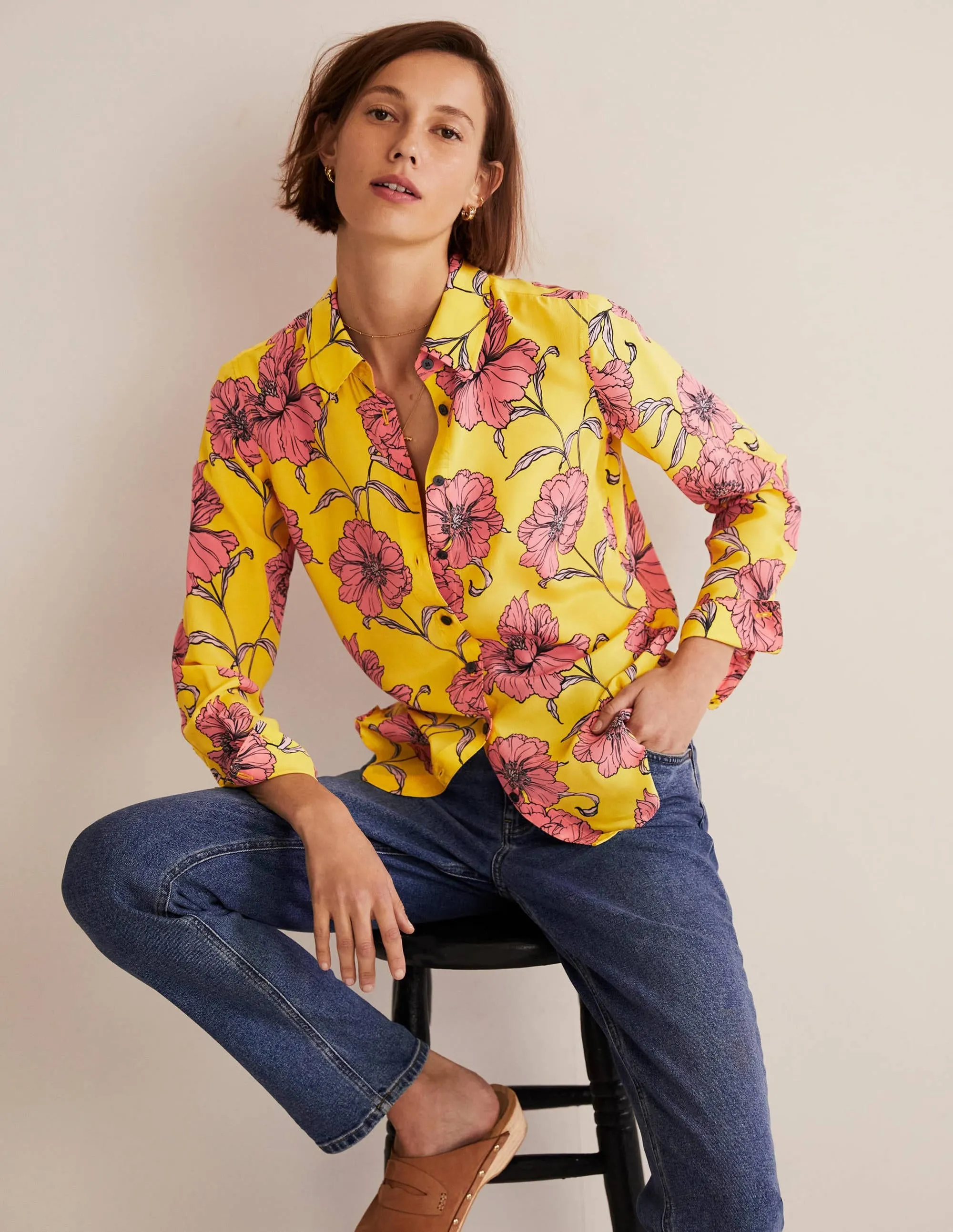 Silk Shirt-Lemon Fizz. Peony Bloom