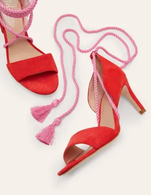 Suede Ankle Tie Heeled Sandals-Dragon Red