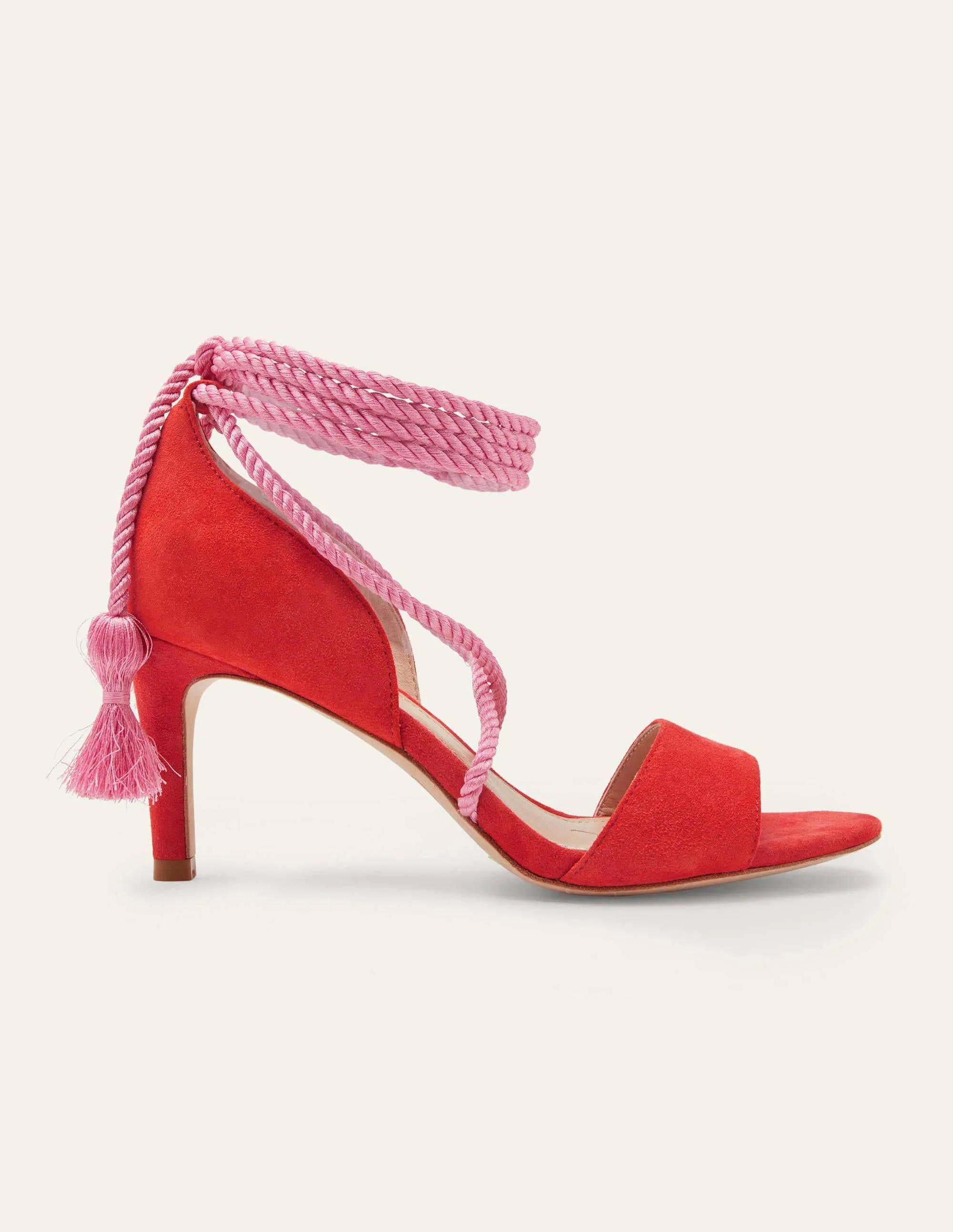 Suede Ankle Tie Heeled Sandals-Dragon Red