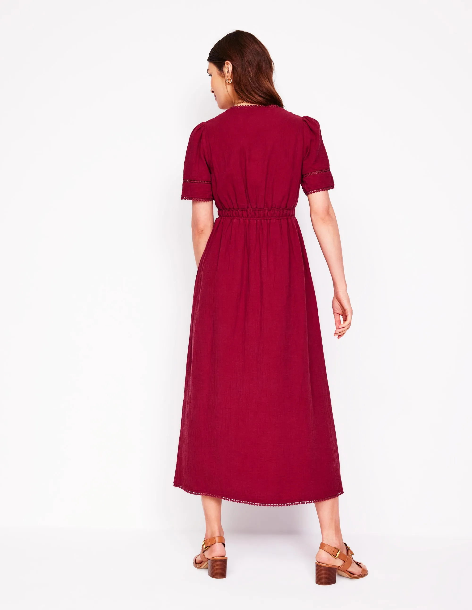 Trim Double Cloth Dress-Garnet Red