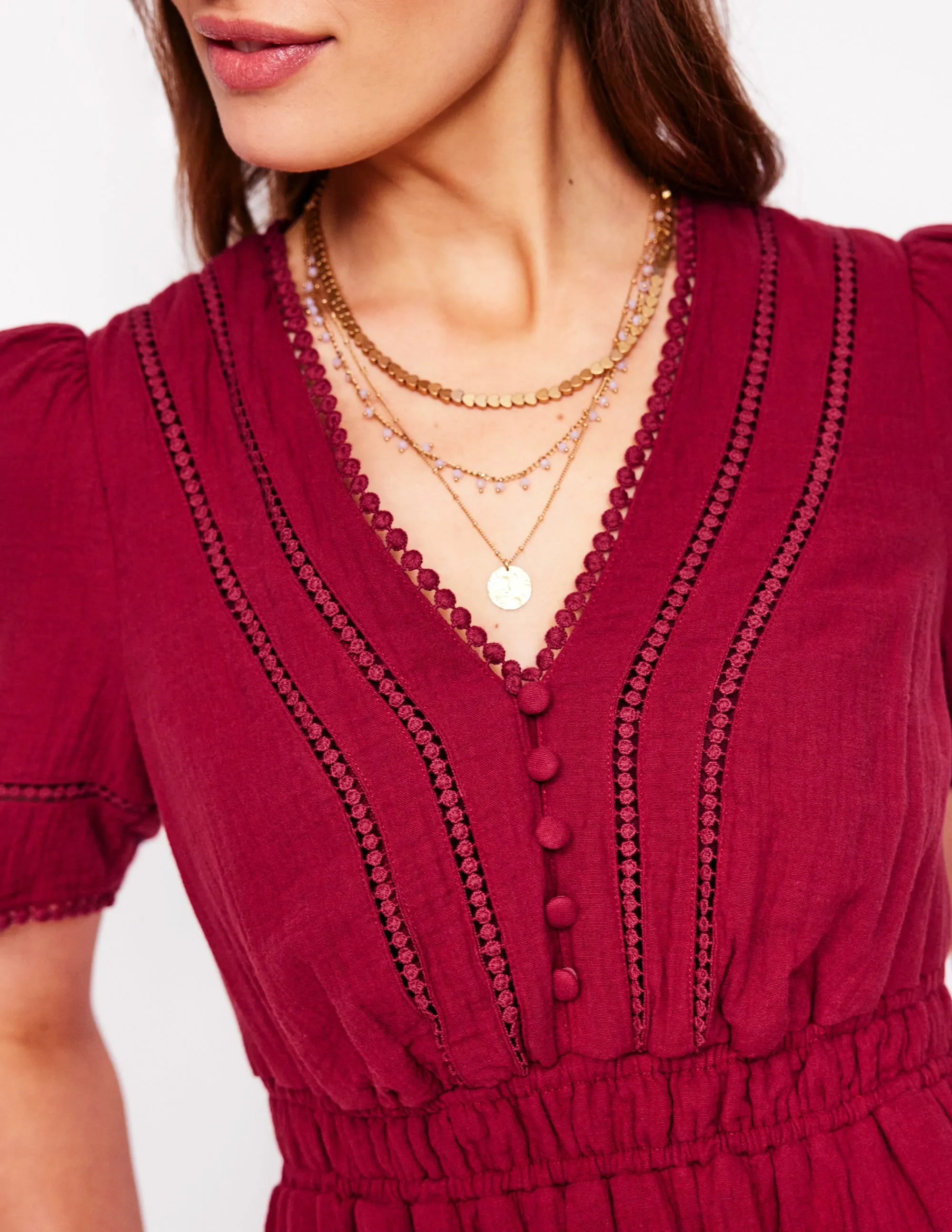 Trim Double Cloth Dress-Garnet Red